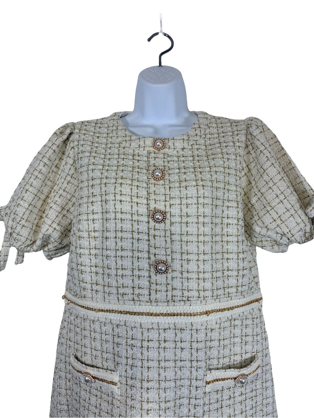 Simply Southern Cream Tweed Puff-Sleeve Scalloped Hem Mini Dress SzL - Picture 5 of 16